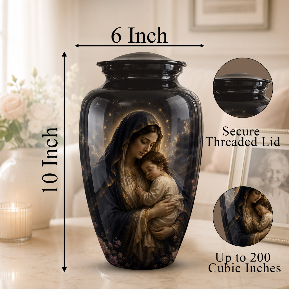 Virgin Mary With Baby Jesus Urn - Personalized Black Cremation Urn For Ashes