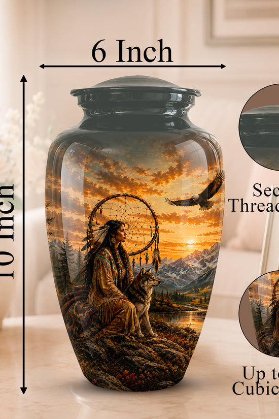 A 10-inch tall ceramic cremation urn with a threaded lid, featuring a detailed landscape print of a Native American figure, a wolf, mountains, and a sunset. The image includes dimension markers showing 6-inch width and 10-inch height, along with circular insets highlighting the secure lid and the detailed print.