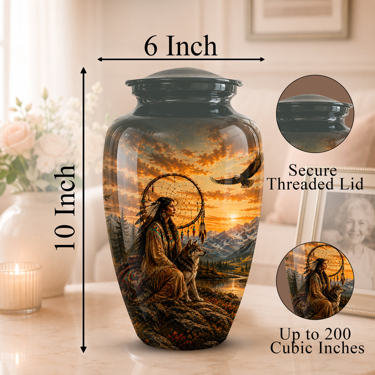 A 10-inch tall ceramic cremation urn with a threaded lid, featuring a detailed landscape print of a Native American figure, a wolf, mountains, and a sunset. The image includes dimension markers showing 6-inch width and 10-inch height, along with circular insets highlighting the secure lid and the detailed print.