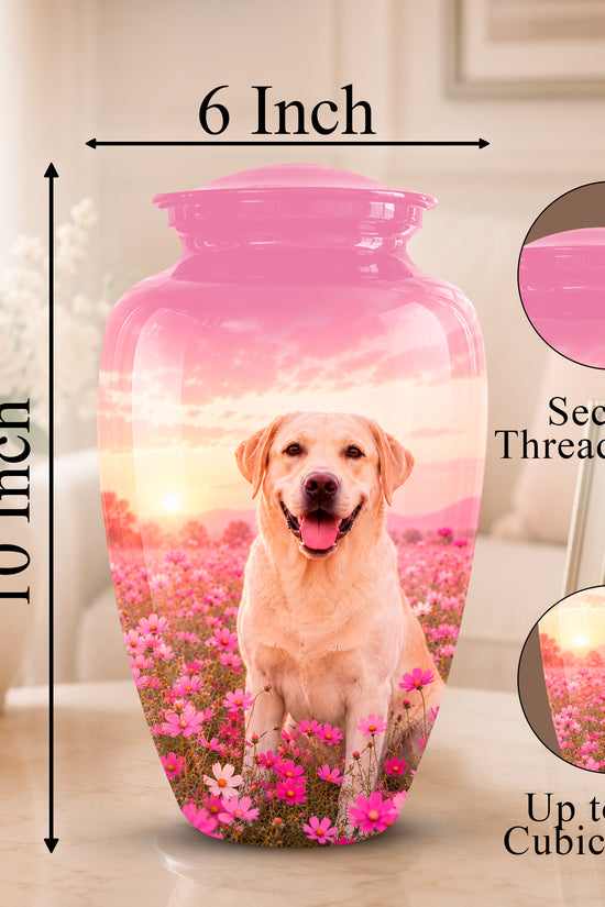 A pink pet memorial urn with a printed photo of a golden retriever sitting in a field of flowers, shown with dimension labels reading 10 Inch height and 6 Inch width. The image includes circular inset callouts highlighting a secure threaded lid and up to 200 cubic inches capacity, set in a softly lit indoor room.
