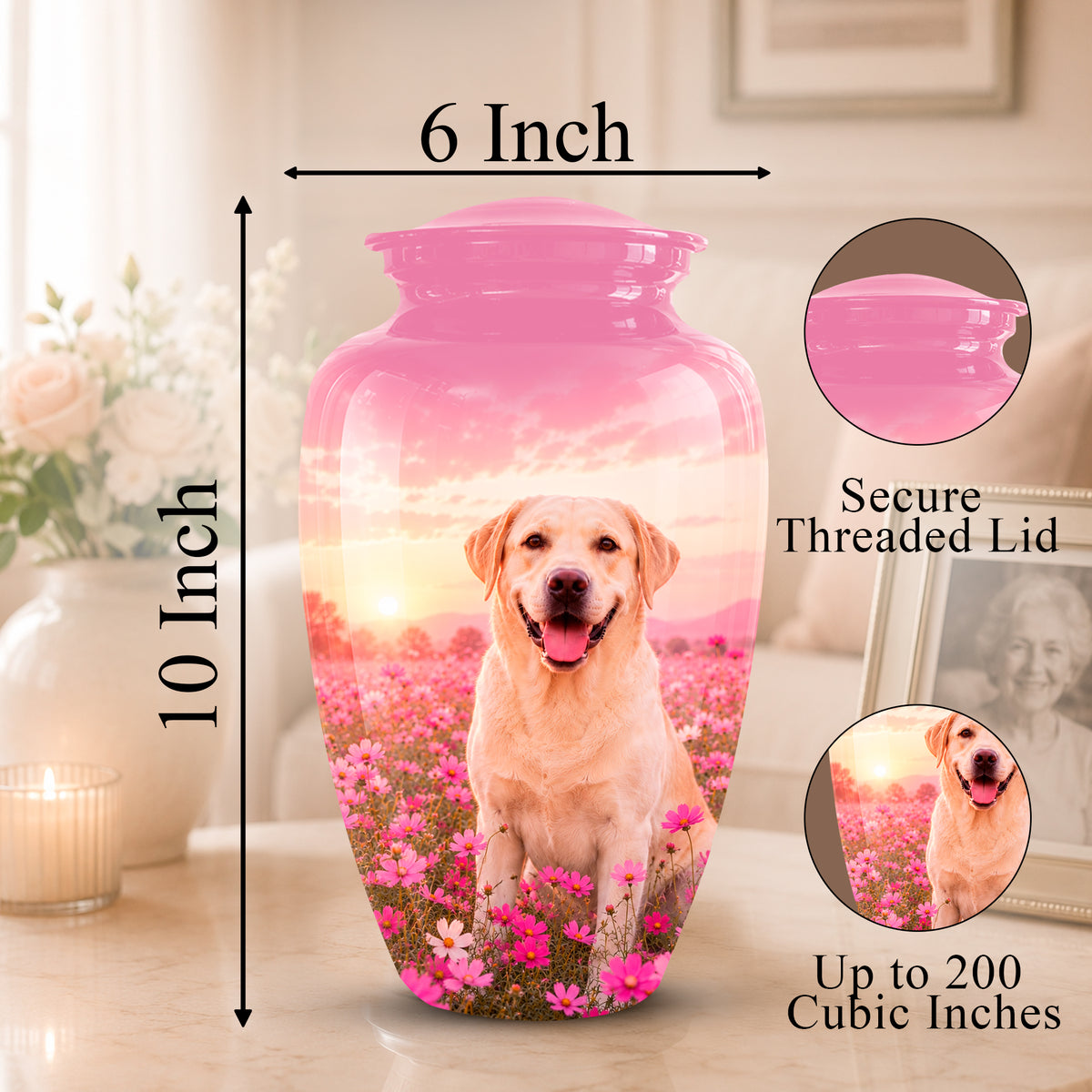 A pink pet memorial urn with a printed photo of a golden retriever sitting in a field of flowers, shown with dimension labels reading 10 Inch height and 6 Inch width. The image includes circular inset callouts highlighting a secure threaded lid and up to 200 cubic inches capacity, set in a softly lit indoor room.