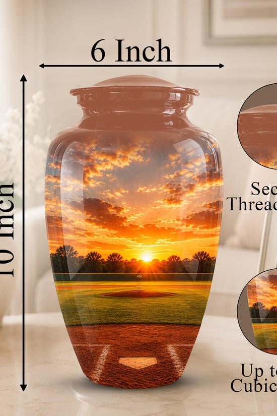 A ceramic memorial urn vase with a sunset baseball field print, shown in a home setting with dimension labels indicating 6 inch width and 10 inch height, plus circular inset details about the secure threaded lid and 200 cubic inch capacity.
