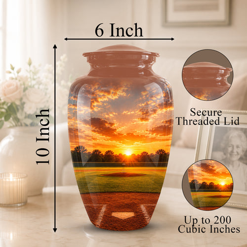 A ceramic memorial urn vase with a sunset baseball field print, shown in a home setting with dimension labels indicating 6 inch width and 10 inch height, plus circular inset details about the secure threaded lid and 200 cubic inch capacity.