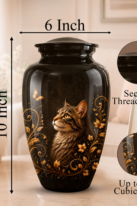 A glossy black pet memorial urn with a detailed illustration of a tabby cat and gold floral scrollwork, shown on a tabletop with dimension labels indicating 6 inch width and 10 inch height. Two circular inset callouts highlight the secure threaded lid and the large 200 cubic inch storage capacity.
