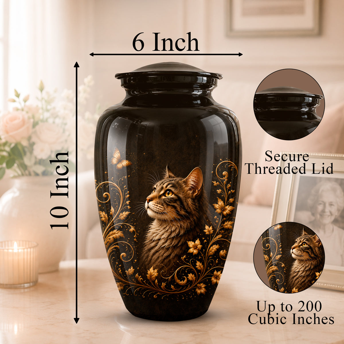 A glossy black pet memorial urn with a detailed illustration of a tabby cat and gold floral scrollwork, shown on a tabletop with dimension labels indicating 6 inch width and 10 inch height. Two circular inset callouts highlight the secure threaded lid and the large 200 cubic inch storage capacity.