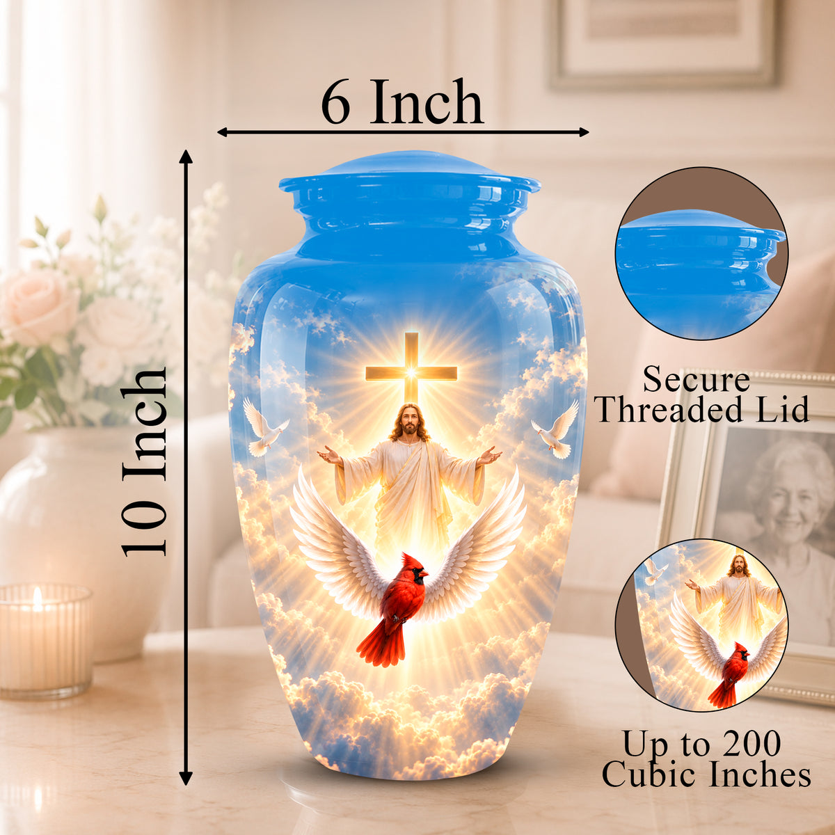 A blue ceramic cremation urn with a printed religious design of Jesus with outstretched arms, white doves, clouds, and a red cardinal. The image includes dimension labels showing 10 inch height and 6 inch width, plus circular insets showing the secure threaded lid and the printed design detail.