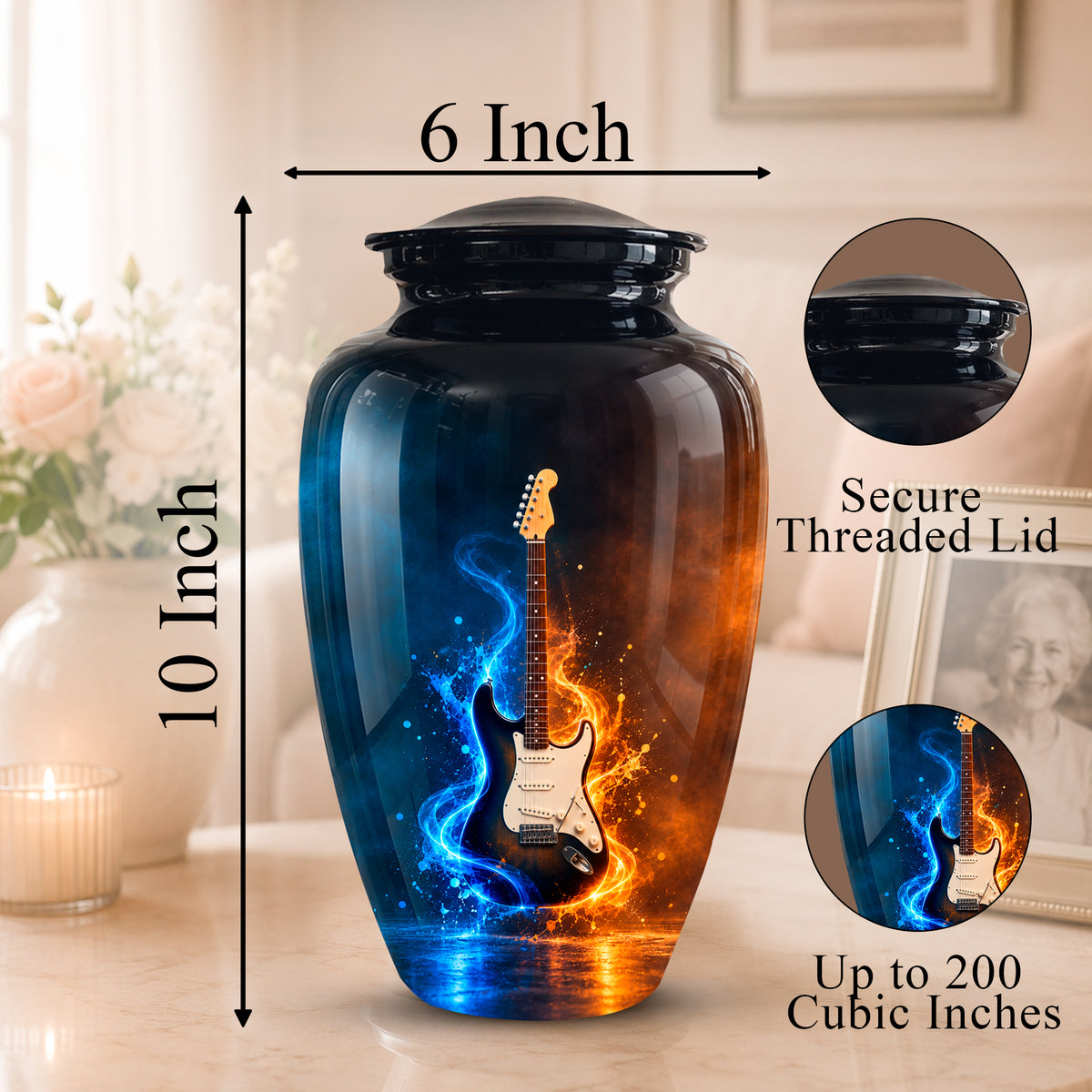 A decorative urn-shaped vase with a threaded lid, shown in a home interior setting. The product is labeled as 10 inches tall by 6 inches wide, with circular inset close-ups highlighting the secure lid and the printed design: a black electric guitar surrounded by glowing blue and orange flame-like effects.
