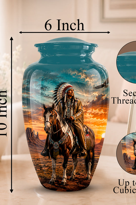 A decorative ceramic urn with a threaded lid, shown with dimension labels indicating 6 inch width and 10 inch height. The urn features a printed western landscape scene of a rider on horseback at sunset.