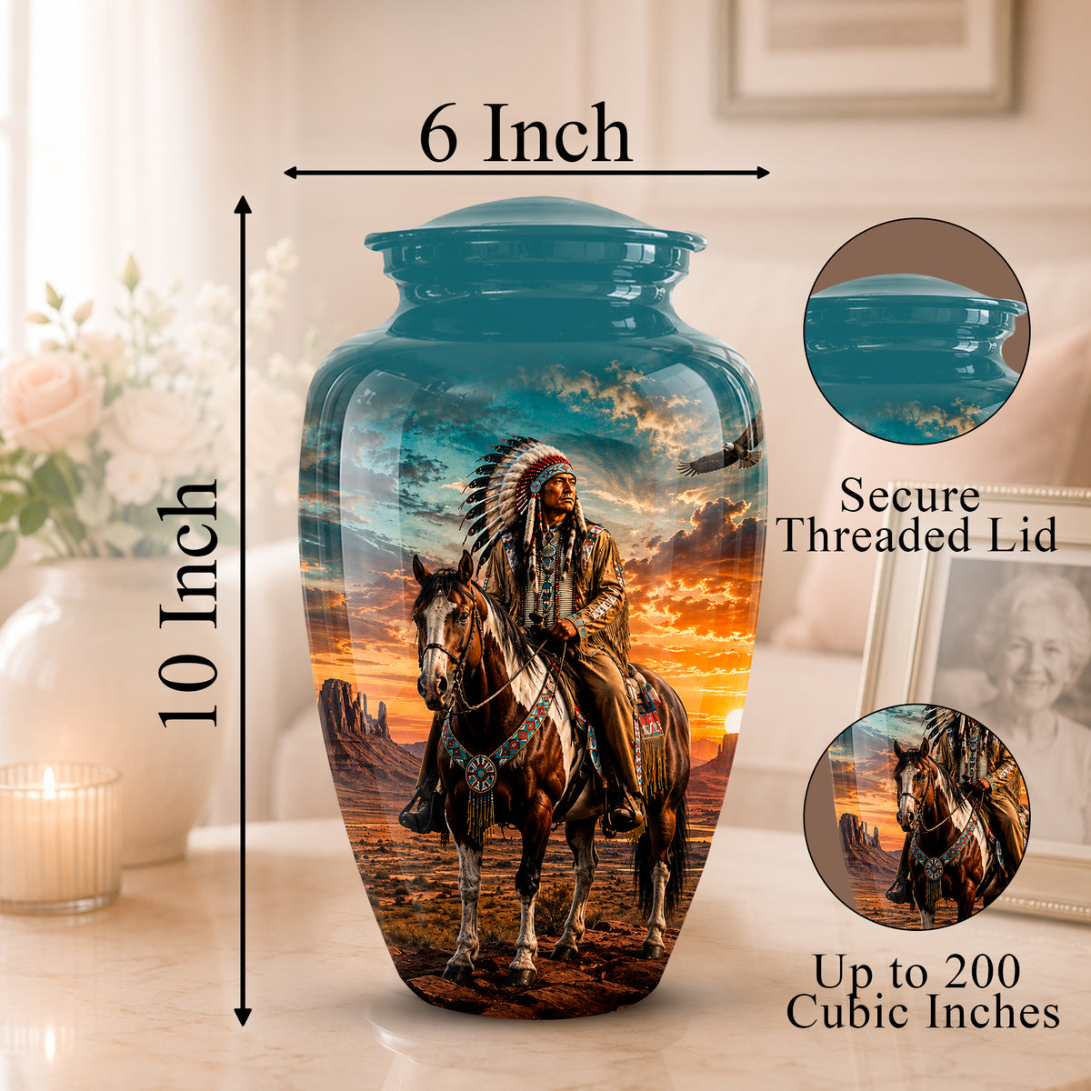 A decorative ceramic urn with a threaded lid, shown with dimension labels indicating 6 inch width and 10 inch height. The urn features a printed western landscape scene of a rider on horseback at sunset.