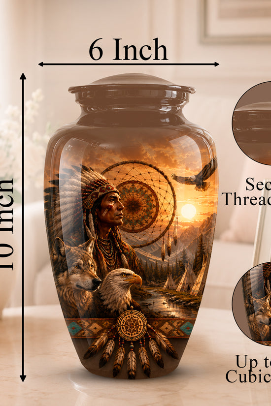 Personalized ceramic memorial urn with a 10-inch height and 6-inch width, featuring a printed design of a Native American, eagle, wolf, and sunset. Includes dimension callouts, a threaded lid close-up, and a 200 cubic inch capacity note.