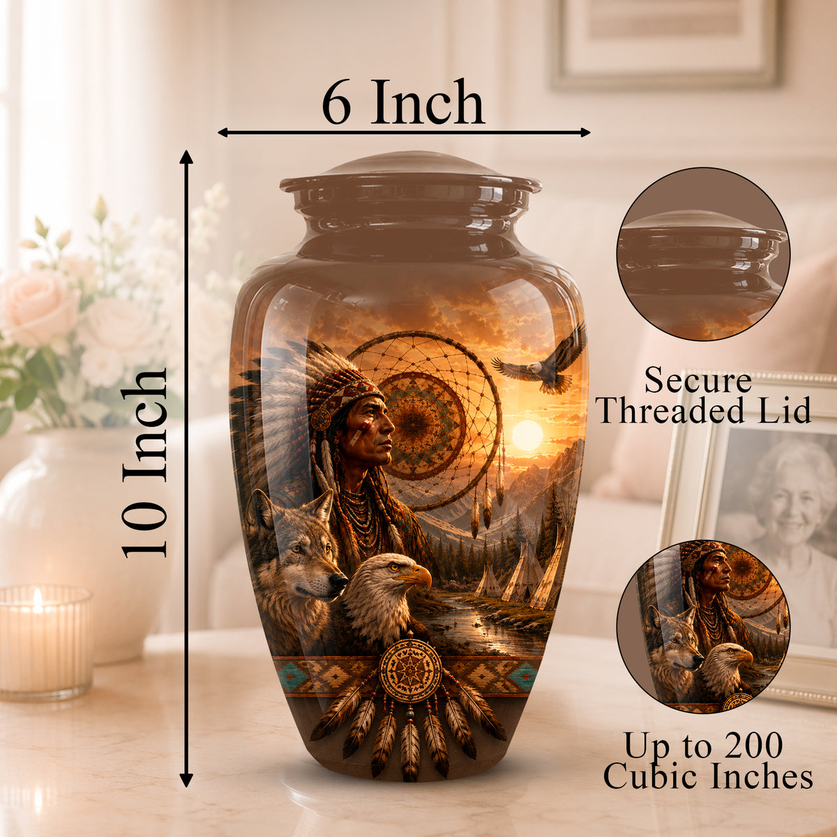 Personalized ceramic memorial urn with a 10-inch height and 6-inch width, featuring a printed design of a Native American, eagle, wolf, and sunset. Includes dimension callouts, a threaded lid close-up, and a 200 cubic inch capacity note.