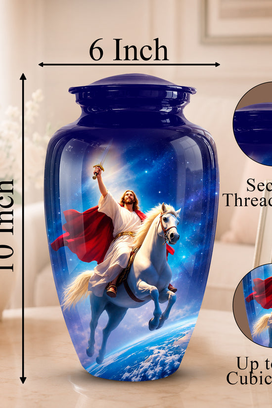 A glossy blue ceramic cremation urn with a printed image of Jesus riding a white horse against a starry blue sky. The image includes dimension markers showing 6 inch width and 10 inch height, plus circular insets showing the secure threaded lid and the printed design detail.