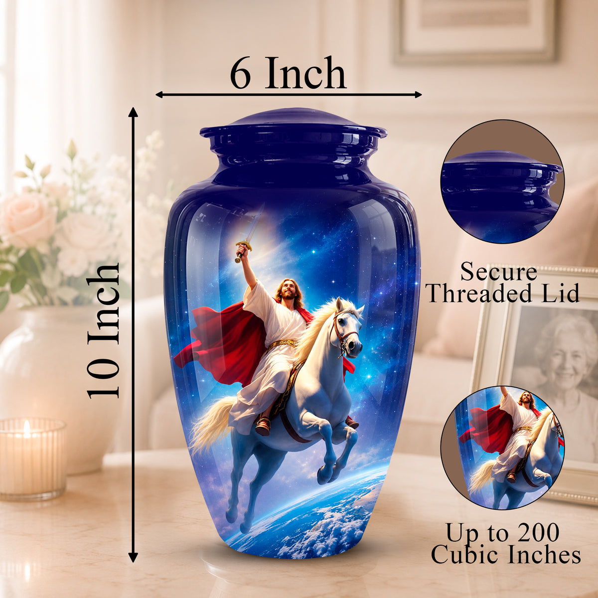 A glossy blue ceramic cremation urn with a printed image of Jesus riding a white horse against a starry blue sky. The image includes dimension markers showing 6 inch width and 10 inch height, plus circular insets showing the secure threaded lid and the printed design detail.