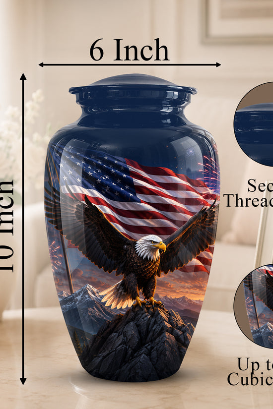 Patriotic Eagle & USA Flag Themed Urn - Aluminum Memorial Urns For Veterans