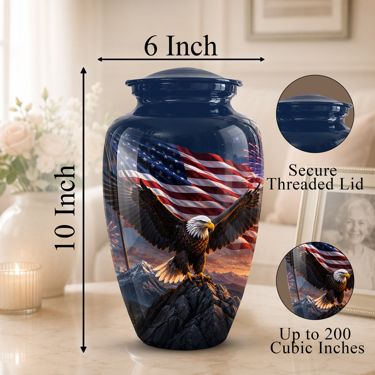 Patriotic Eagle & USA Flag Themed Urn - Aluminum Memorial Urns For Veterans