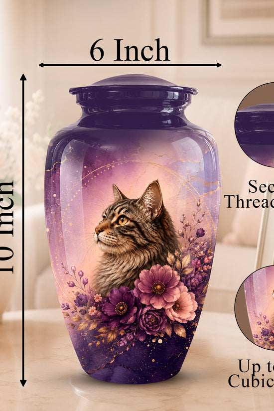 A purple and lavender cat cremation urn with a printed tabby cat and floral design, shown on a tabletop with dimension labels indicating 10 inch height, 6 inch width, secure threaded lid, and up to 200 cubic inches capacity.