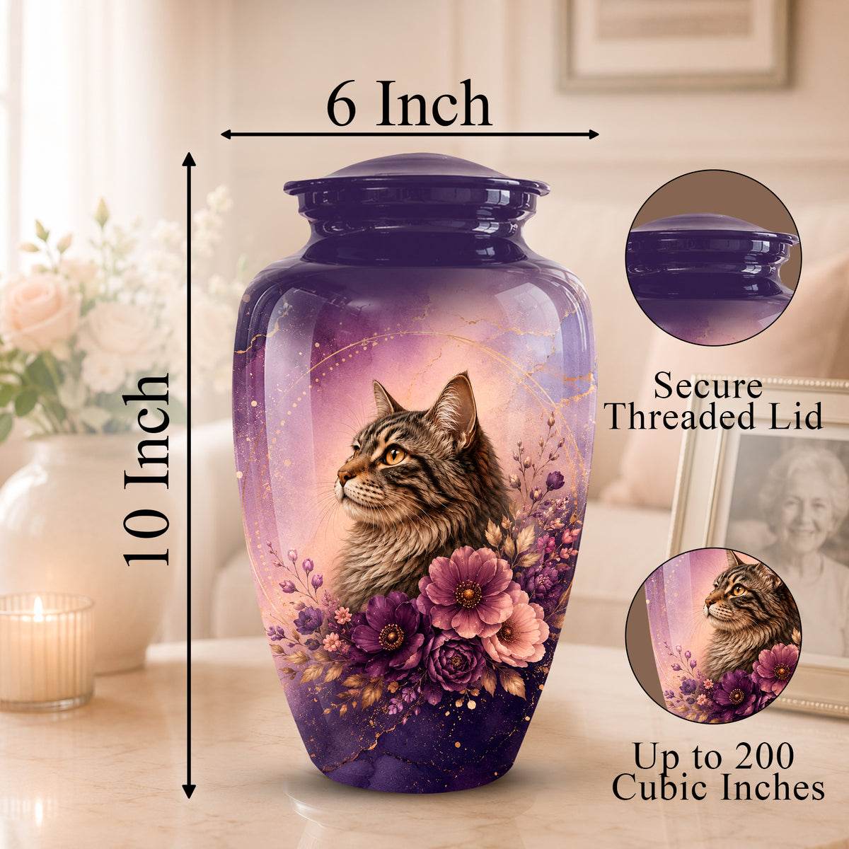 A purple and lavender cat cremation urn with a printed tabby cat and floral design, shown on a tabletop with dimension labels indicating 10 inch height, 6 inch width, secure threaded lid, and up to 200 cubic inches capacity.