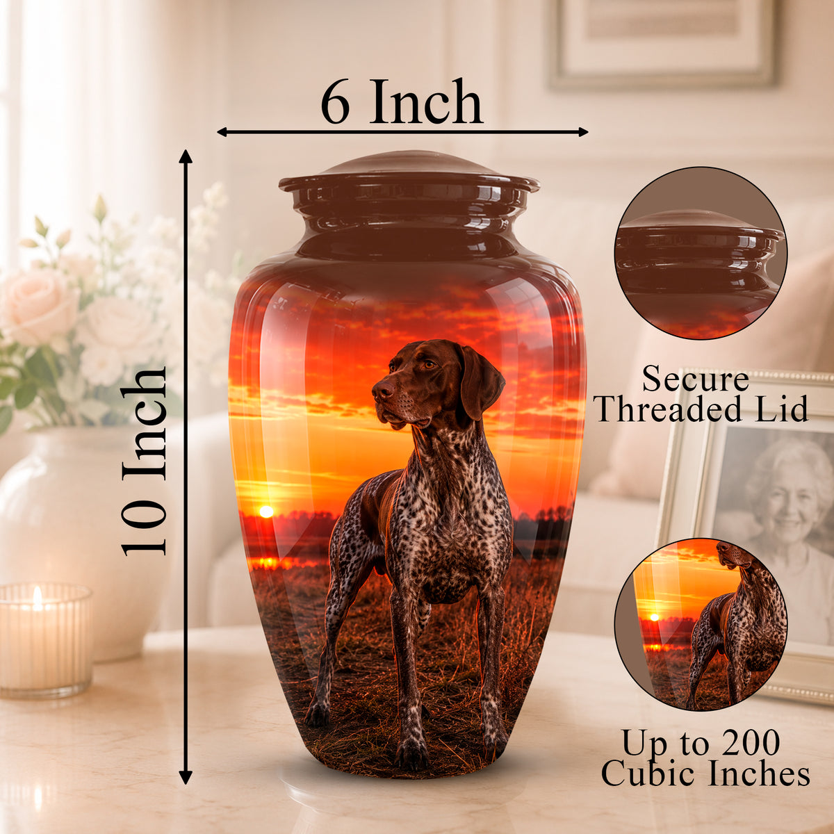 German Shorthaired Pointer Dog Cremation Urn - Sunset Pet Aluminum Urn