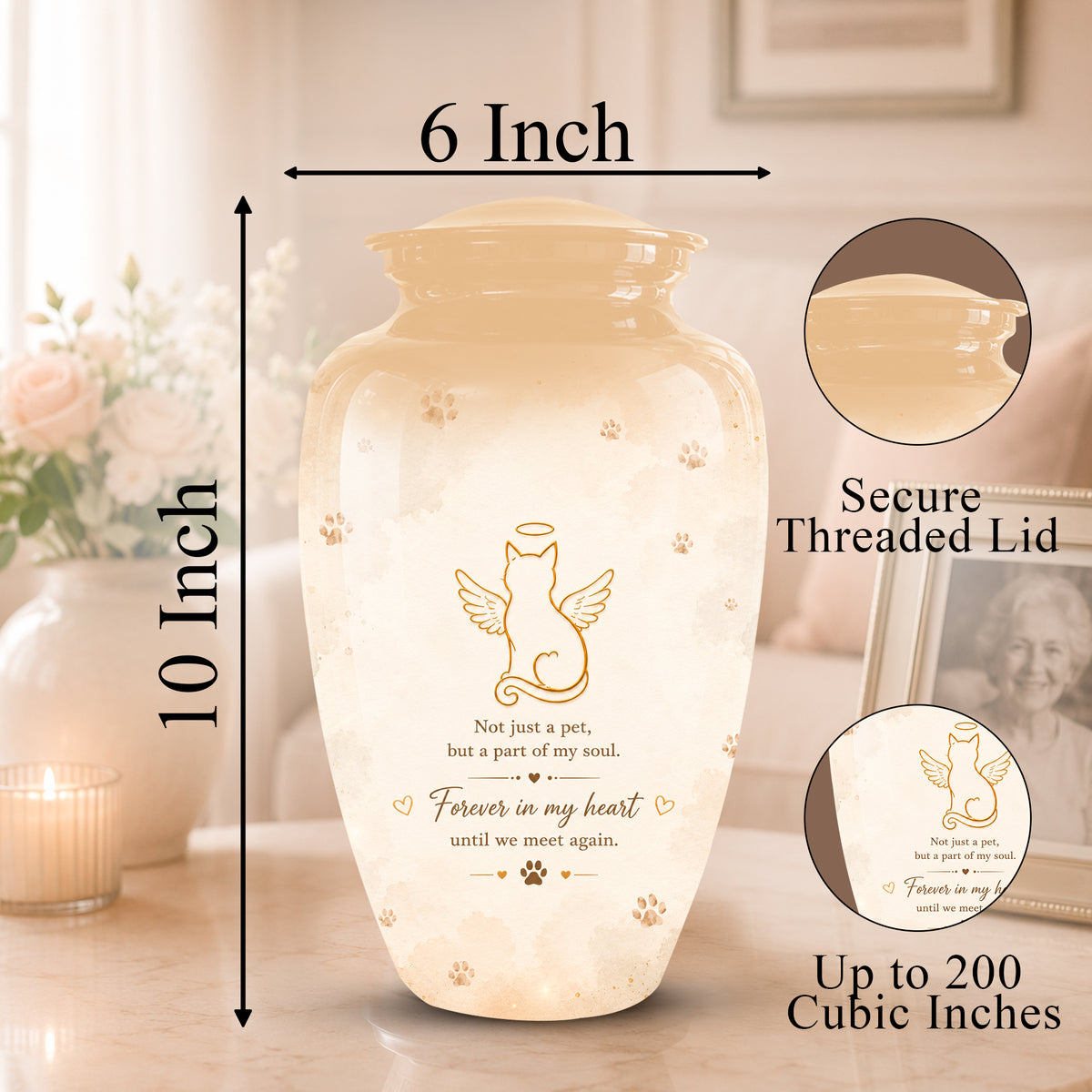 A cremation urn vase with a threaded lid, shown with dimension labels indicating 10 inches tall by 6 inches wide. The vase is warm cream/beige with a printed angel cat design and memorial text.