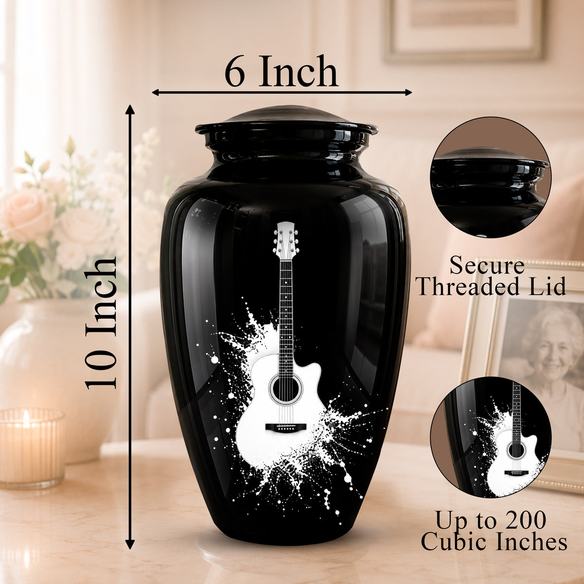 Black ceramic urn with a white guitar print and size measurement labels, shown on a tabletop with decorative background elements and inset detail circles.