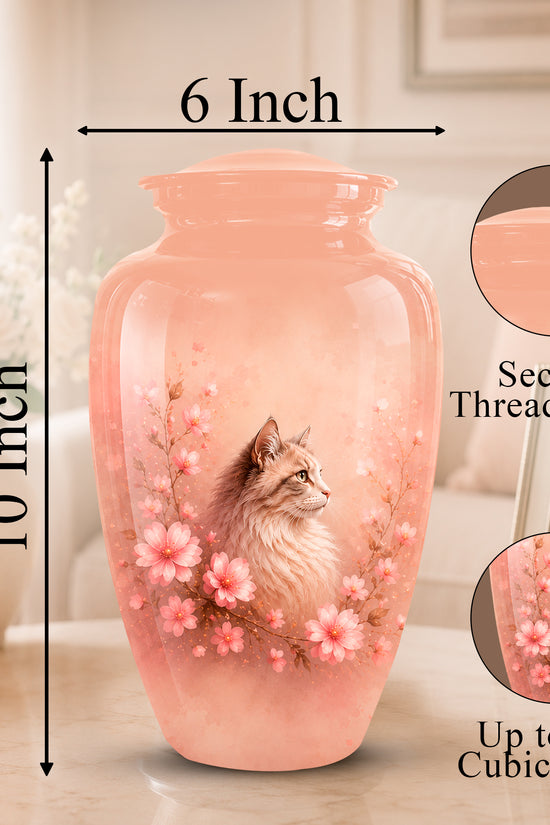 A peach-pink ceramic pet memorial vase with a printed cat and cherry blossom design, shown with dimension arrows indicating 10 inch height and 6 inch width. Two circular inset callouts on the right highlight a secure threaded lid and up to 200 cubic inches capacity.