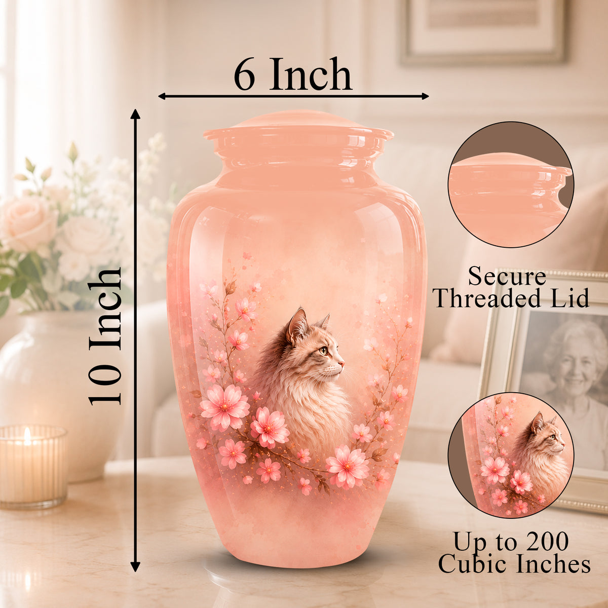 A peach-pink ceramic pet memorial vase with a printed cat and cherry blossom design, shown with dimension arrows indicating 10 inch height and 6 inch width. Two circular inset callouts on the right highlight a secure threaded lid and up to 200 cubic inches capacity.
