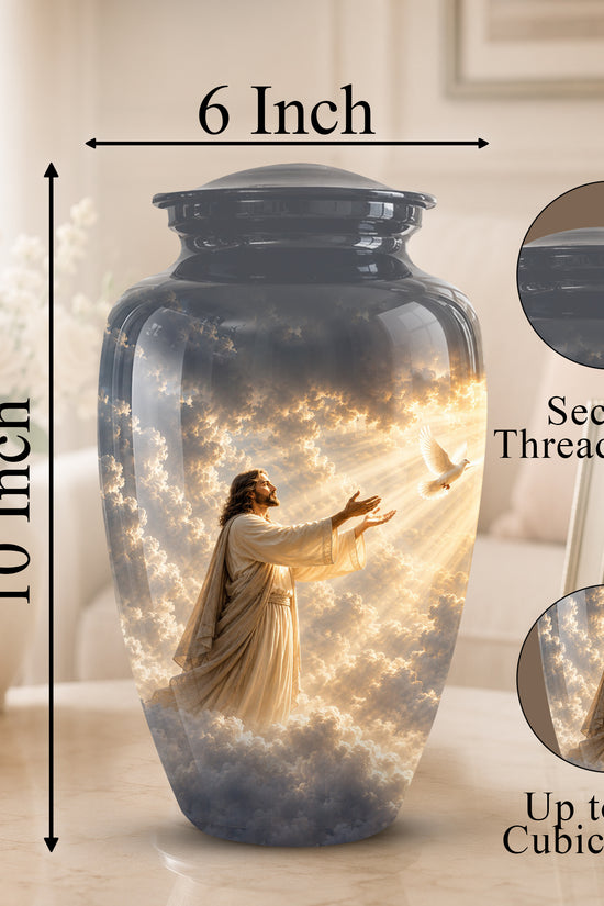 Jesus With Flying Dove Cremation Urn - Beautiful Sunrays Theme Urn For Ashes