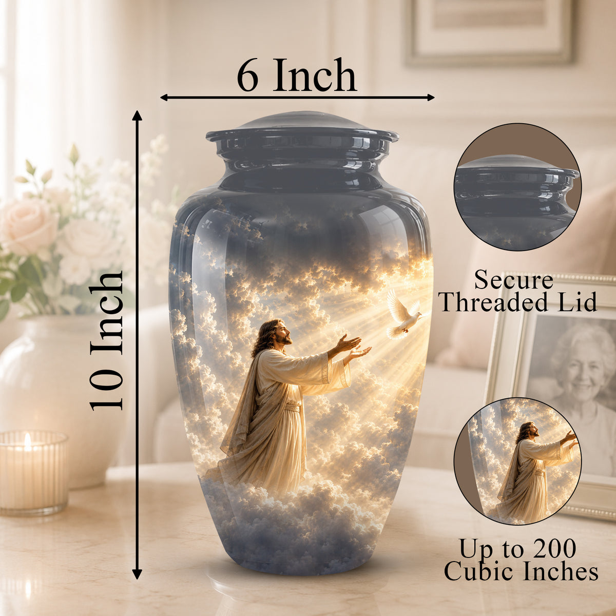 Jesus With Flying Dove Cremation Urn - Beautiful Sunrays Theme Urn For Ashes