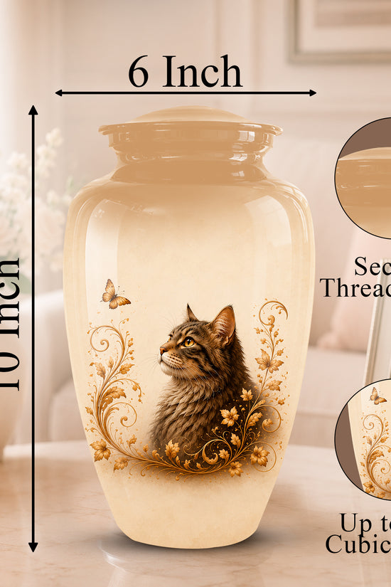 A cream-colored ceramic cat urn with a printed tabby kitten and gold floral scrollwork, shown with dimension labels indicating 10-inch height and 6-inch width. Two circular inset callouts on the right highlight the secure threaded lid and the printed design, with text noting up to 200 cubic inches.
