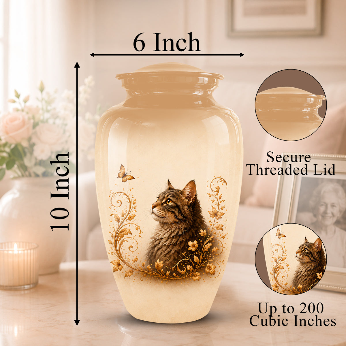 A cream-colored ceramic cat urn with a printed tabby kitten and gold floral scrollwork, shown with dimension labels indicating 10-inch height and 6-inch width. Two circular inset callouts on the right highlight the secure threaded lid and the printed design, with text noting up to 200 cubic inches.