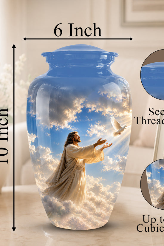 Personalized Jesus With White Dove Urn - Blue Aluminum Cremation Urns
