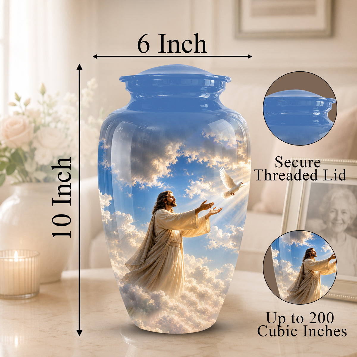 Personalized Jesus With White Dove Urn - Blue Aluminum Cremation Urns