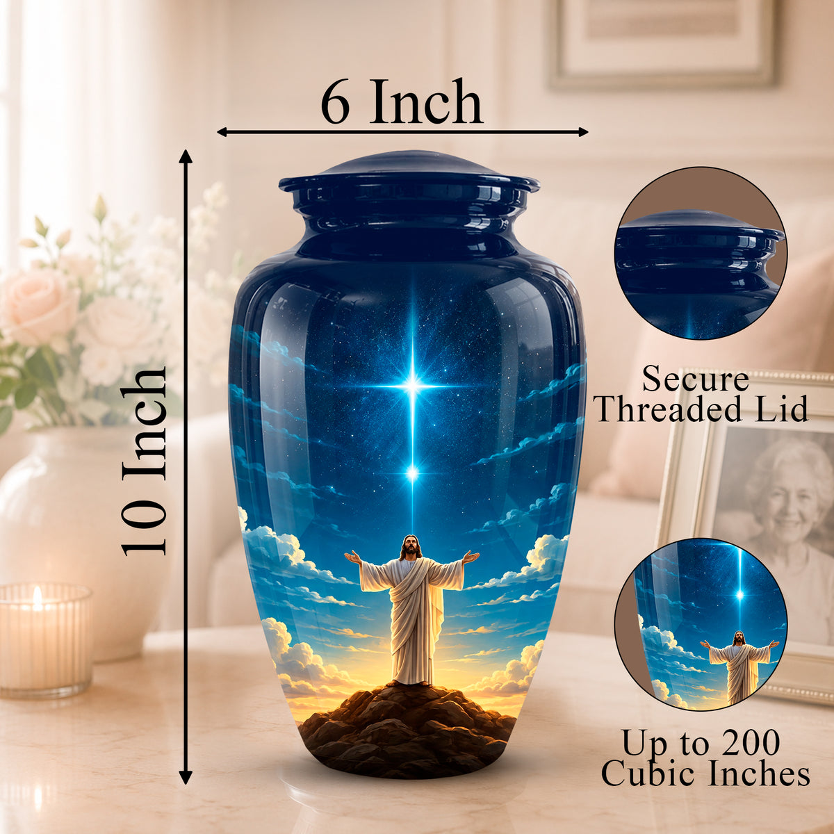 A glossy dark blue ceramic cremation urn with a printed image of Jesus on a hill under a starry sky, shown on a tabletop with dimension labels reading 6 Inch and 10 Inch, plus circular inset close-ups of the lid and printed design.