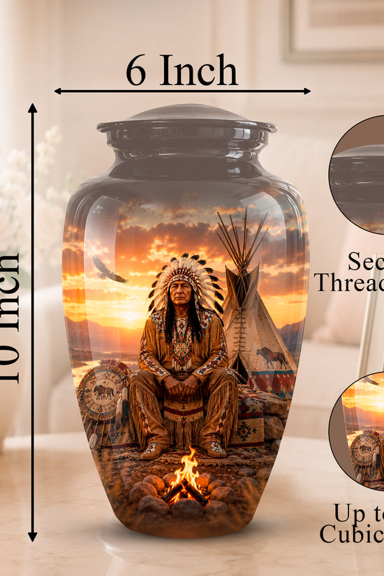 A decorative ceramic urn with a printed Native American scene, shown with measurement labels indicating 10 inch height and 6 inch width, plus circular inset close-ups of the threaded lid and printed detail, on a softly lit indoor background.