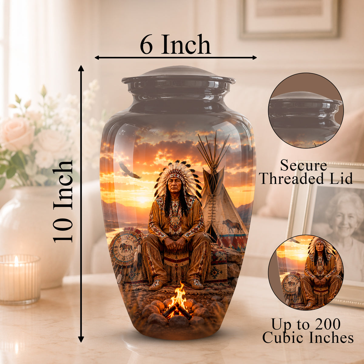 A decorative ceramic urn with a printed Native American scene, shown with measurement labels indicating 10 inch height and 6 inch width, plus circular inset close-ups of the threaded lid and printed detail, on a softly lit indoor background.