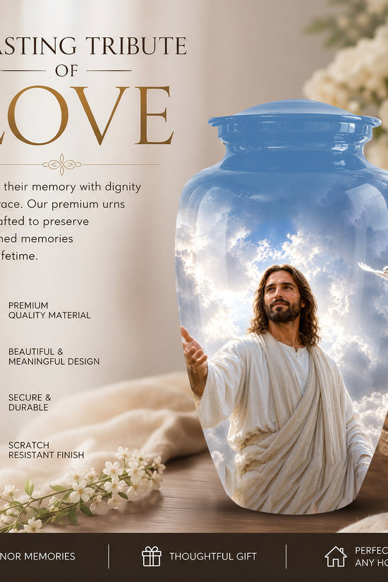 Personalized Jesus Cremation Urn - Blue Aluminum Urn For Spiritual Humans