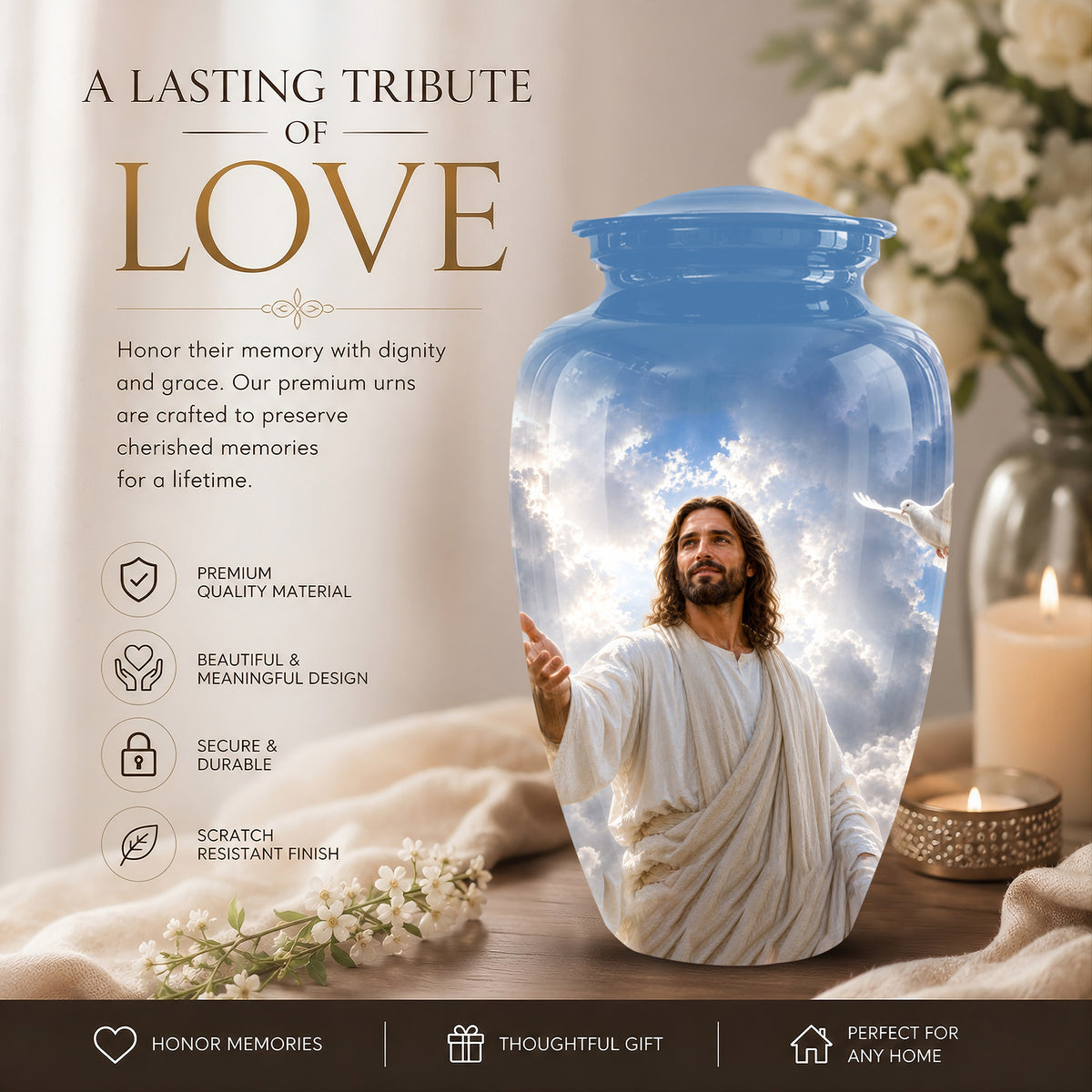 Personalized Jesus Cremation Urn - Blue Aluminum Urn For Spiritual Humans