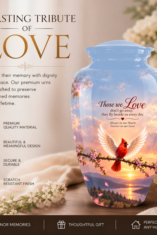 Personalized ceramic urn with a blue sky and sunset landscape design, featuring a red cardinal on a branch and the text 'Those we Love don't go away.