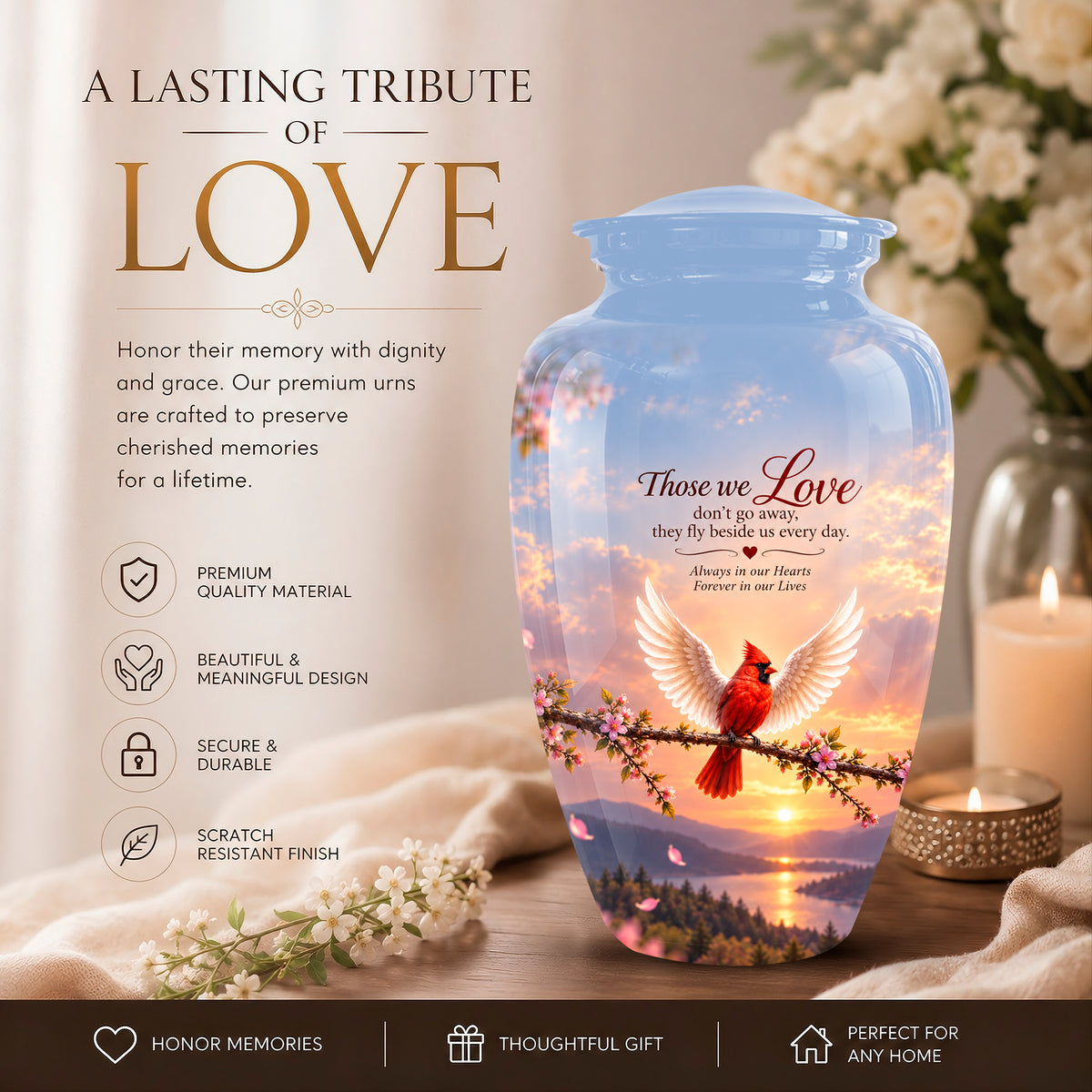 Personalized ceramic urn with a blue sky and sunset landscape design, featuring a red cardinal on a branch and the text 'Those we Love don't go away.