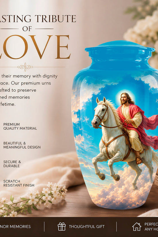A ceramic memorial urn with a bright blue lid and a printed illustration of Jesus riding a white horse through clouds, displayed on a wooden surface with candles and flowers. The left side includes promotional text and feature icons.
