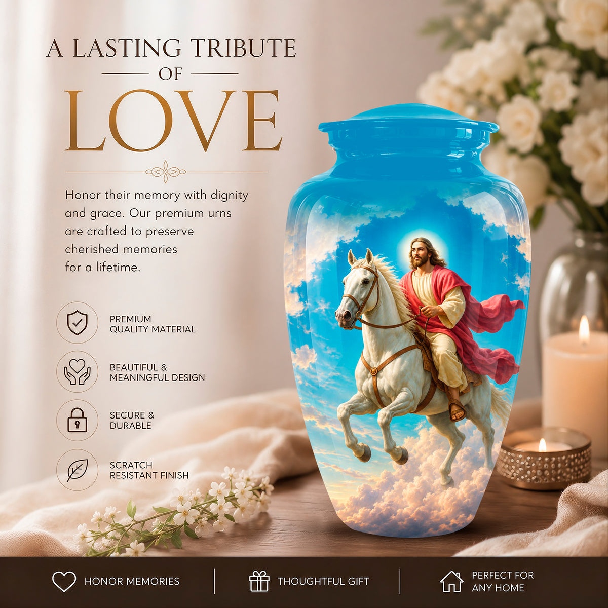 A ceramic memorial urn with a bright blue lid and a printed illustration of Jesus riding a white horse through clouds, displayed on a wooden surface with candles and flowers. The left side includes promotional text and feature icons.