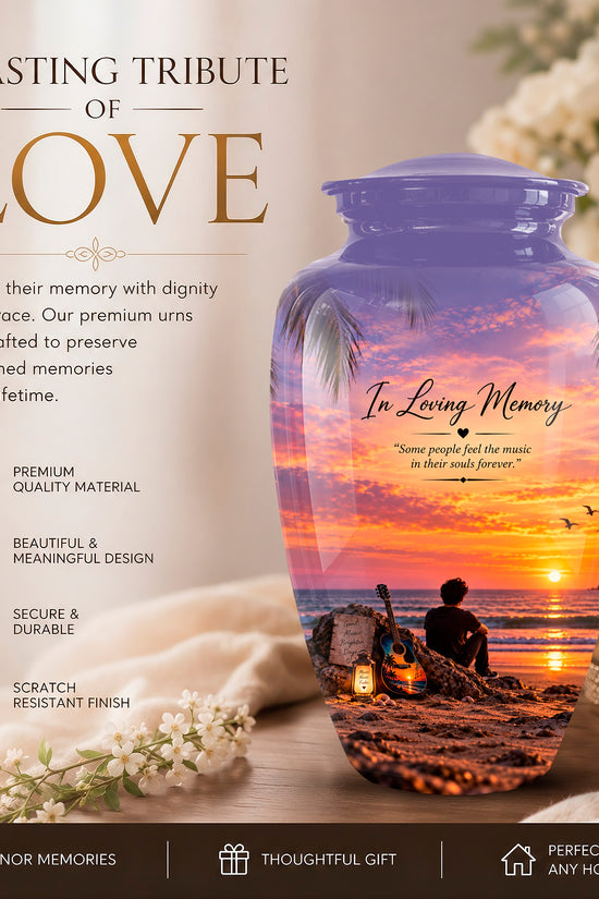 Guitar Sunset Memorial Urn - Custom Quotes & Ocean-Beach Urns For Ashes