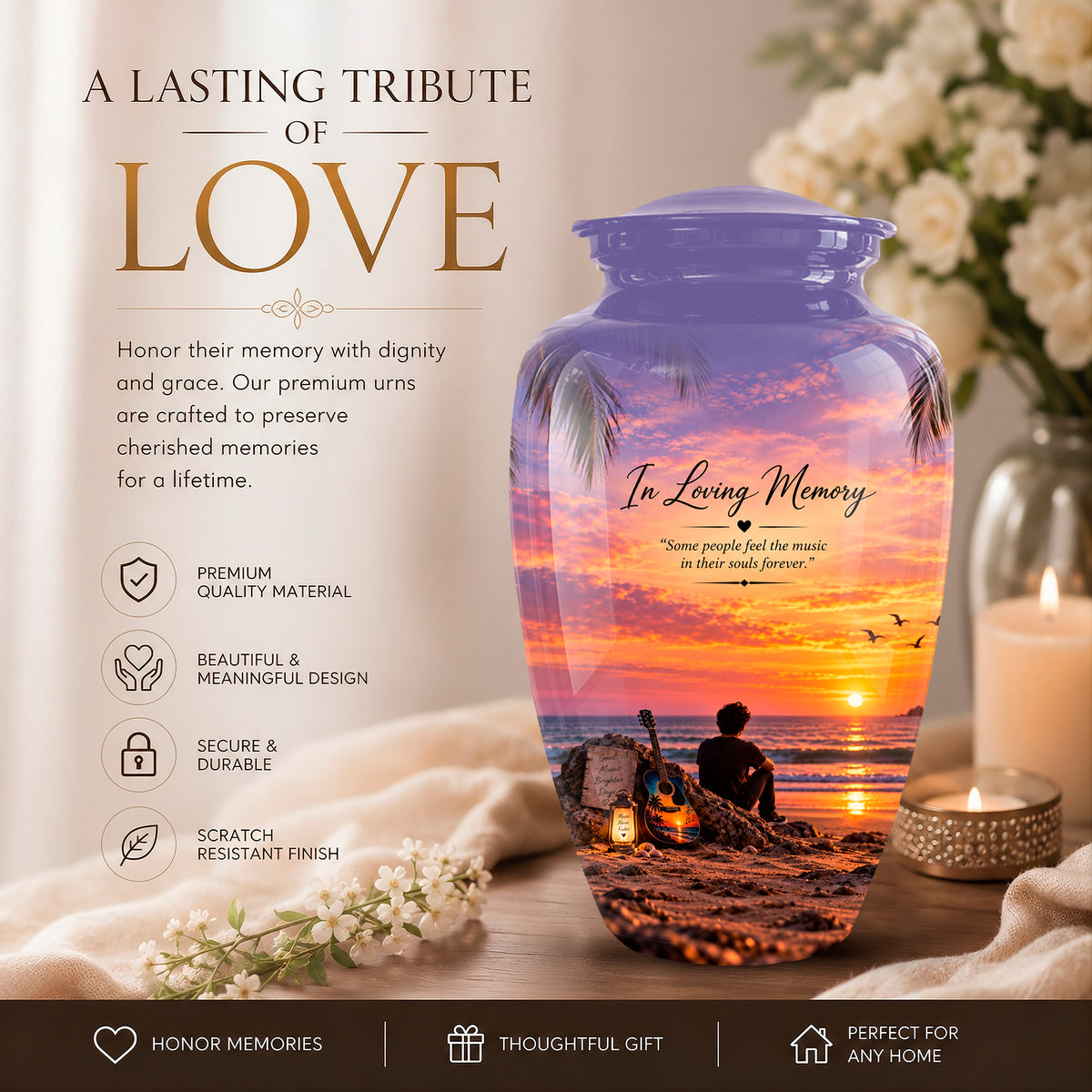 Guitar Sunset Memorial Urn - Custom Quotes & Ocean-Beach Urns For Ashes