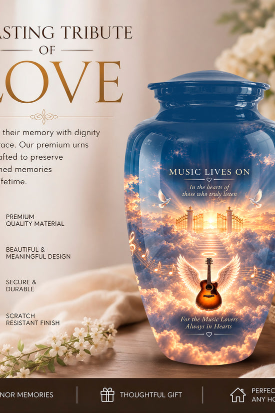 A memorial urn jar with a blue lid and a printed sky-and-globe design, shown on a styled tabletop with flowers, a candle, and promotional text. The urn reads 'MUSIC LIVES ON' and includes an angel and guitar graphic.