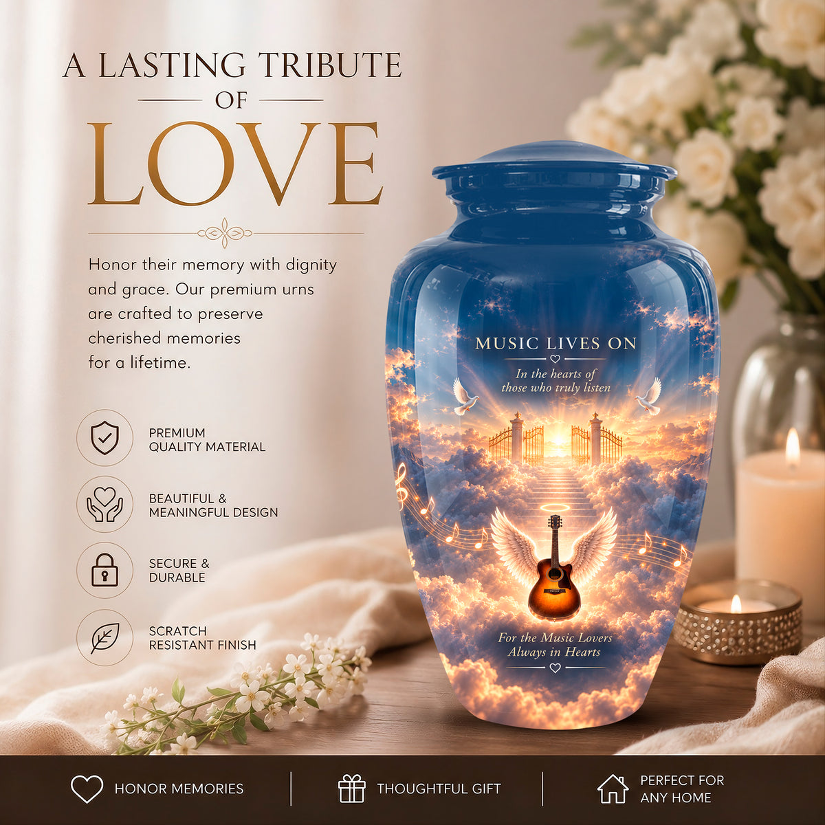 A memorial urn jar with a blue lid and a printed sky-and-globe design, shown on a styled tabletop with flowers, a candle, and promotional text. The urn reads 'MUSIC LIVES ON' and includes an angel and guitar graphic.