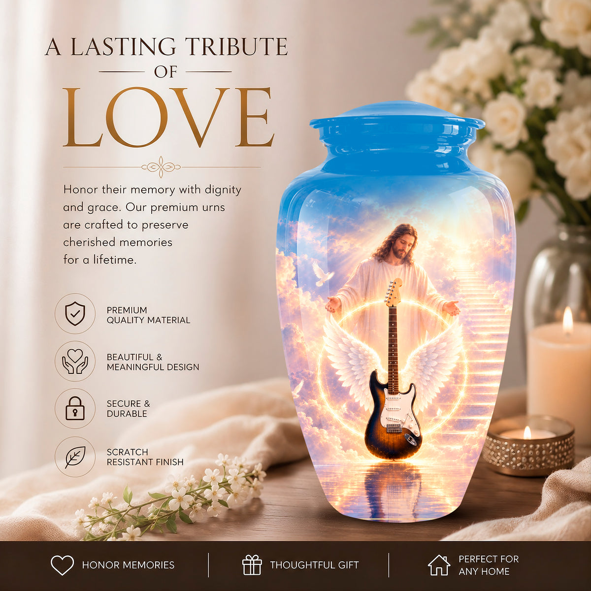 A memorial urn jar with a blue lid and glowing interior artwork of Jesus with angel wings and a guitar, shown on a tabletop with flowers, candles, and promotional text reading 'A LASTING TRIBUTE OF LOVE'.
