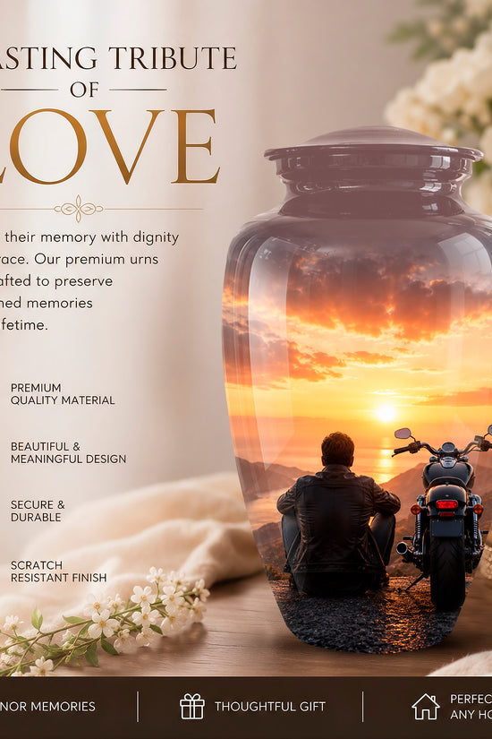 Peaceful Sunset Motorcycle Cremation Urn – Handcrafted Tribute to Biker Ashes