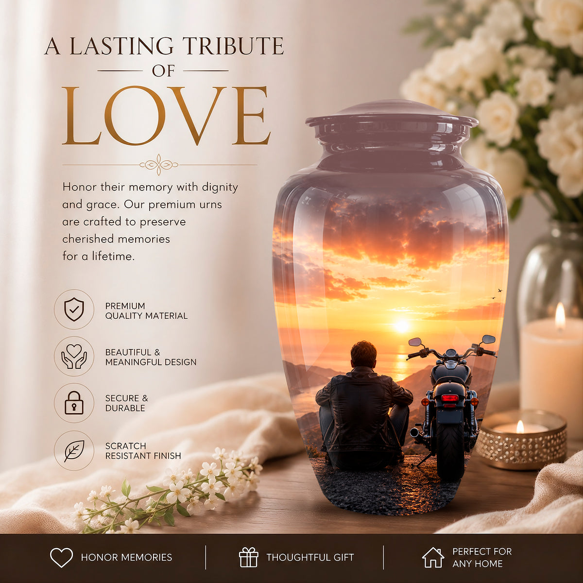 Peaceful Sunset Motorcycle Cremation Urn – Handcrafted Tribute to Biker Ashes