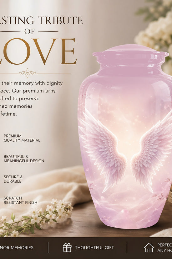 Pink Angle Wings Cremation Urn - Personalized Aluminum Funeral Urns For Mom