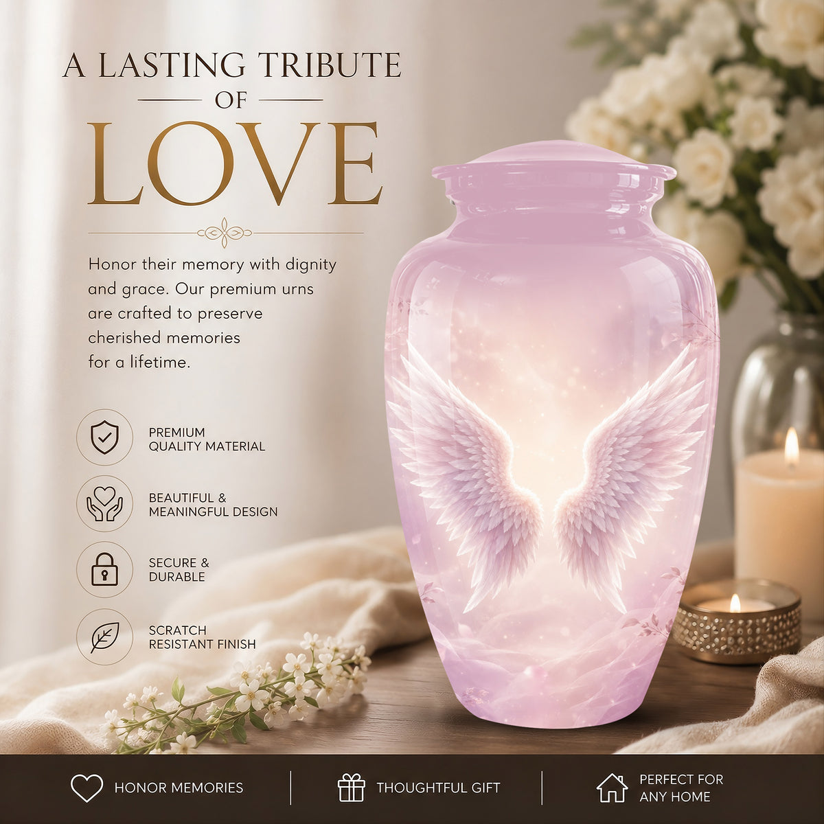 Pink Angle Wings Cremation Urn - Personalized Aluminum Funeral Urns For Mom